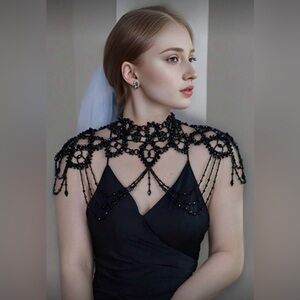 Elegant Black Beaded Jewelry, Cosplay Accessory, Black ‘Crystal’ Body Chain - OS